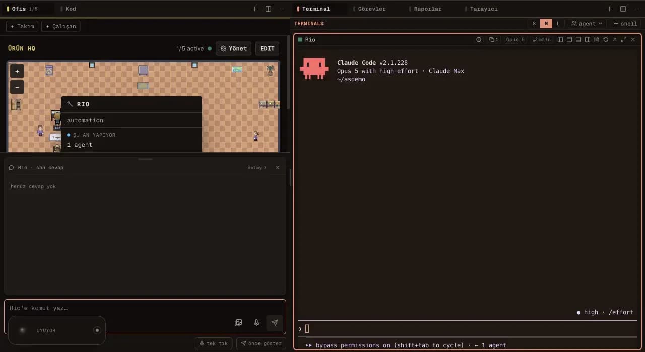 Clicking an employee in the office opens a terminal carrying their name.
