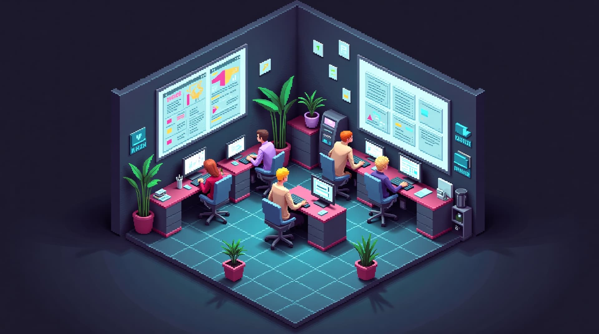 AgentDesk izometrik pixel-art ajan ofisi sahnesi