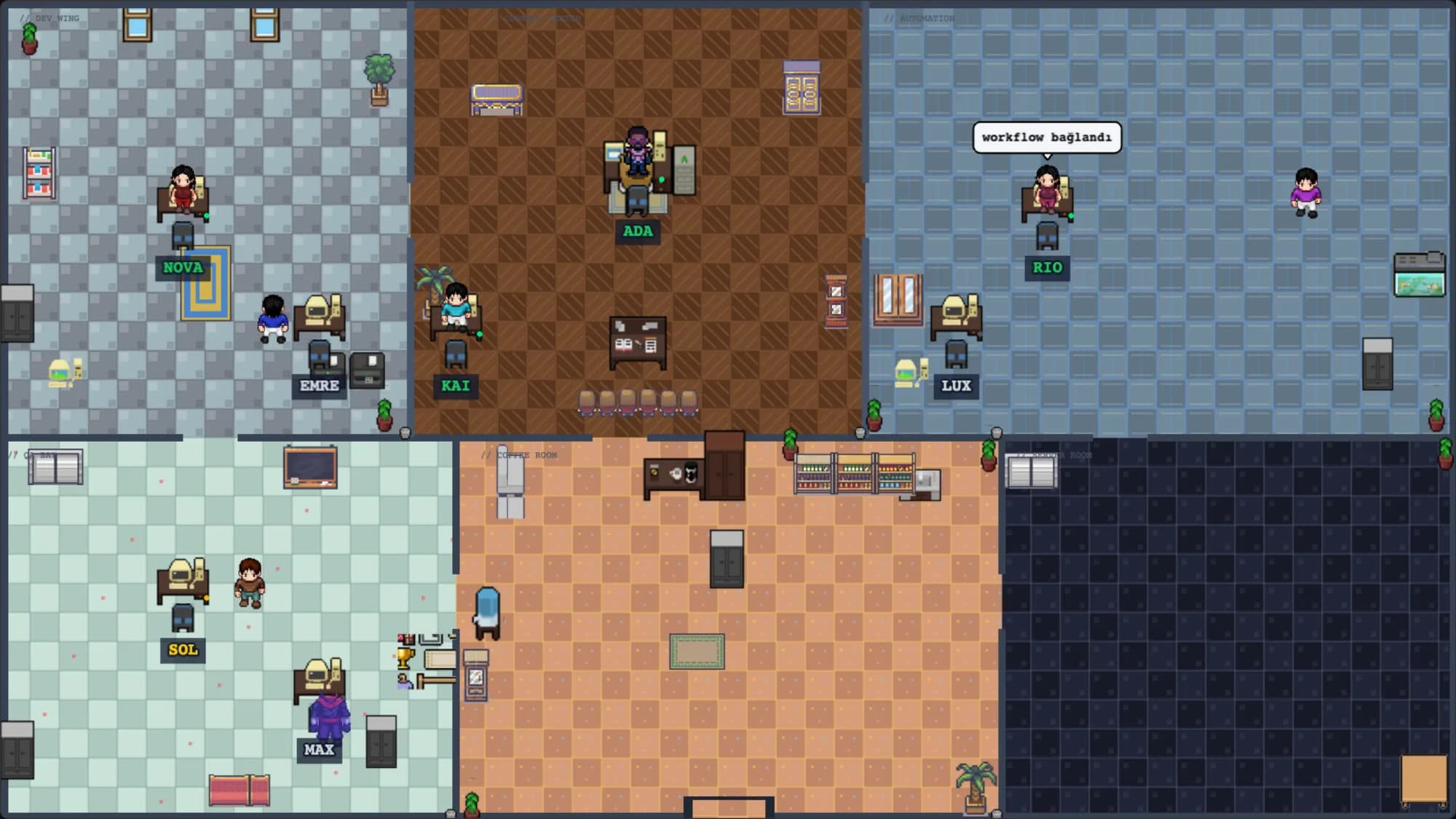 AgentSpace tam arayüzü: pixel-art ofis, görev panosu ve ajan terminalleri tek pencerede.